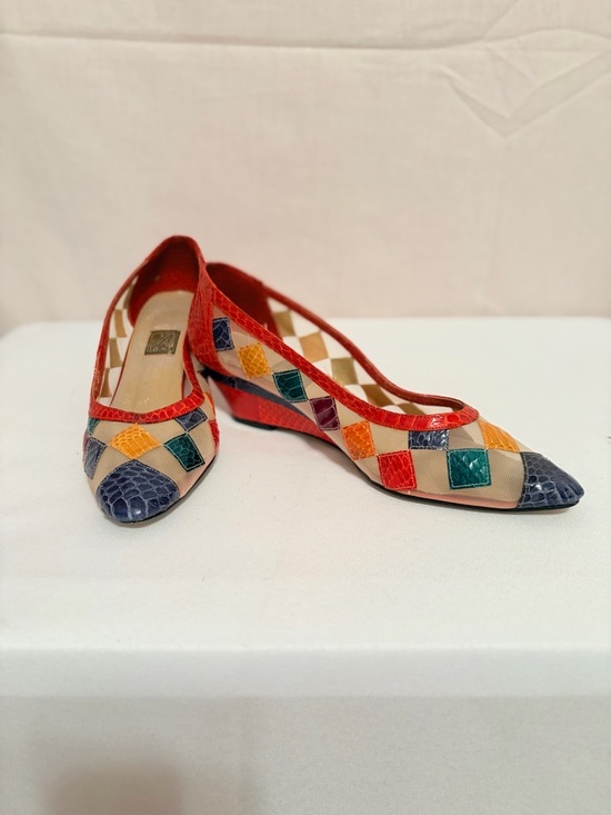 Shoes - Multicolor Patchwork Pointed Toe Flats with Red Trim